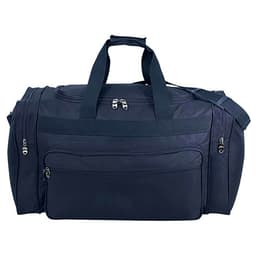 A navy duffle bag featuring dual handles, a shoulder strap, and multiple zippered compartments. Includes a logo.