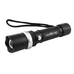 A black torch with a textured grip, featuring a silver bezel and a wrist strap. It includes a branding logo.