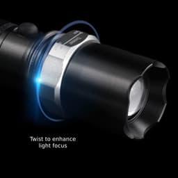 A black torch with a twistable head for light focus, featuring a silver accent and a logo.