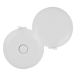 A compact tape measure in white, featuring a circular design with a metal button and a clip for attachment.