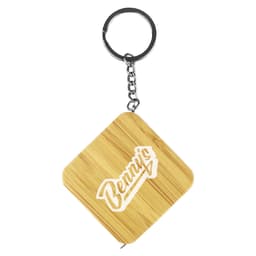 A bamboo tape measure key ring in a diamond shape with a metallic keychain attachment. Features a logo.