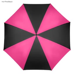 A golf umbrella in hot pink and black, featuring a modern design and a logo on the handle.
