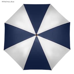 A navy blue and white golf umbrella with an octagonal design, featuring a central wooden handle and a logo.