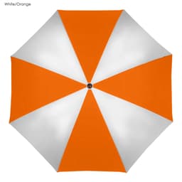 A large golf umbrella in white and orange, featuring a segmented design with alternating colours. It includes a logo.