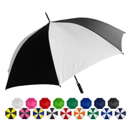 A black and white golf umbrella with a curved handle, accompanied by a variety of colourful umbrellas in a row below.