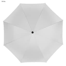 A white golf umbrella with a central handle and a simple design. It features a logo on the handle.
