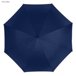 A navy blue golf umbrella featuring a circular design and a central opening mechanism. It has a branding logo on the handle.