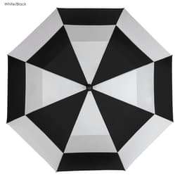 A black and white golf umbrella with a geometric design and a central handle, featuring a logo.