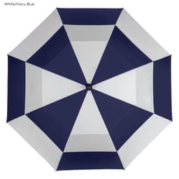 A navy blue and white umbrella with a geometric design and a central button, featuring a logo.