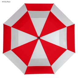 A red and white golf umbrella featuring an octagonal design and a central black mechanism. It has a logo on the handle.