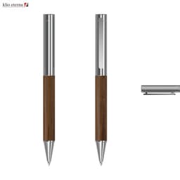 A metal pen featuring a polished silver finish and a dark wood grip, with a clip and branding logo.