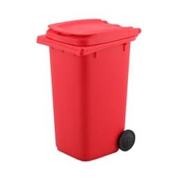 A red wheelie bin pen holder with a lid and a black wheel, suitable for office use.