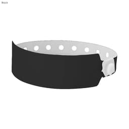 A black plastic wristband with a white interior and circular cut-outs, featuring a secure fastening mechanism.