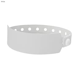 A white plastic wristband with perforations and a snap closure, designed for events and exhibitions.
