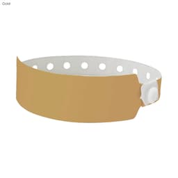 A gold plastic wristband with white perforations and a snap closure, suitable for events and exhibitions.