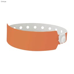 An orange plastic wristband with white holes and a secure fastening, designed for events and exhibitions.