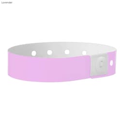 A lavender plastic wristband with a white interior and snap closure, featuring several holes for adjustment.