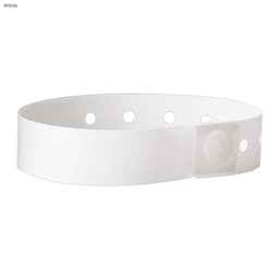 A white plastic wristband with holes for adjustment and a fastening clip. It features a logo.