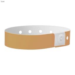 A gold wristband made of plastic, featuring a white adjustable snap closure and multiple holes for sizing.