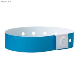 A peacock blue plastic wristband with a secure fastener and multiple holes for size adjustment. Features a logo.