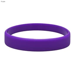 A purple silicone wristband with a smooth finish, featuring a branding logo.