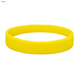A yellow silicone wristband with a smooth finish and a circular shape, featuring a logo.