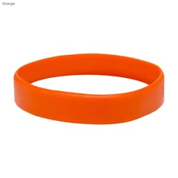 An orange silicone wristband with a smooth surface and a circular shape. It features a logo.