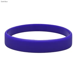 A dark blue silicone wristband with a smooth finish and a slight sheen, featuring a logo.