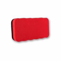 A red magnetic foam whiteboard eraser with a textured surface and a black backing.