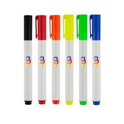 A set of six whiteboard markers in black, red, orange, yellow, green, and blue, each with a branded design.