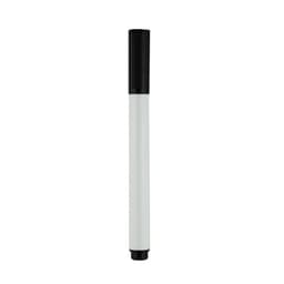 A whiteboard marker with a black cap and a cylindrical white barrel, featuring a logo on the body.