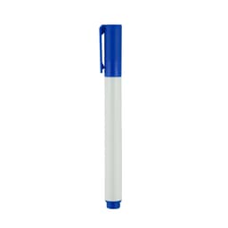 A blue whiteboard marker with a white barrel, featuring a clip on the cap. It has a branded logo.