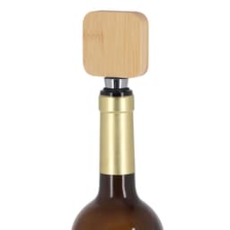 A drink bottle with a bamboo wine stopper opener, featuring a square top and metallic base.