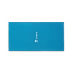 A rectangular blue yoga mat with a logo in the centre. The mat has a smooth texture and is designed for exercise.