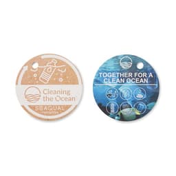 Two circular tags, one featuring a design related to ocean cleaning in brown tones and the other with blue ocean imagery. Each has a hole for attaching.