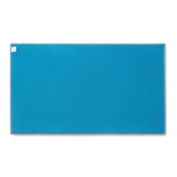 A bright blue promotional mat with a rectangular shape and a small label in one corner.