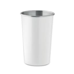 A drink bottle with a sleek white exterior and a shiny stainless steel interior. It features a simple design and a logo.