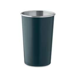 A drink bottle in dark green with a stainless steel rim, featuring a logo on its side.