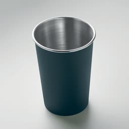 A drink bottle in dark blue with a stainless steel interior and a sleek cylindrical design. It features a logo.