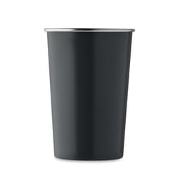 A drink bottle in matte black with a silver rim at the top. It features a logo on the surface.