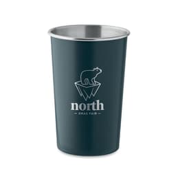 A drink bottle in dark green stainless steel with a silver rim and a logo featuring a bear on a mountain.