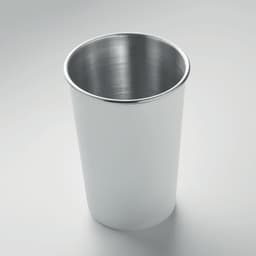 A drink bottle in silver metal with a sleek, shiny finish and a cylindrical design, featuring a logo.