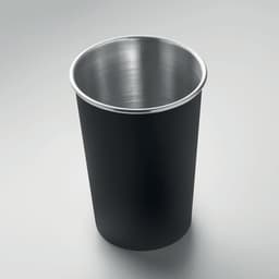 A drink bottle in matte black with a stainless steel interior and a smooth rounded rim. It features a logo.