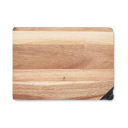 A wooden cutting board featuring a mix of light and dark timber shades with a black rubber edge.