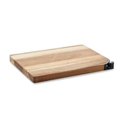 A wooden cutting board with light and dark wood stripes and a black end grip.
