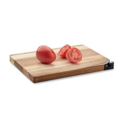 A wooden chopping board with a black grip, featuring whole and sliced tomatoes on top.