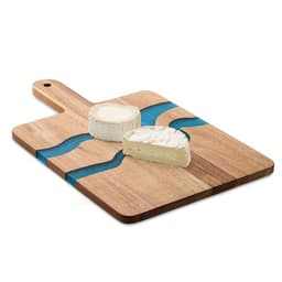 A cheese board featuring a wooden surface with blue wavy inlays and two types of cheese on top.