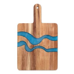 A wooden chopping board featuring blue resin waves along its surface. It has a handle for easy use.
