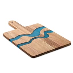 A chopping board made of wood featuring blue resin rivers and a handle. It has a natural, rustic finish.
