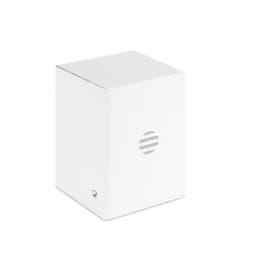 A white, rectangular box with a circular logo and striped design on one side.